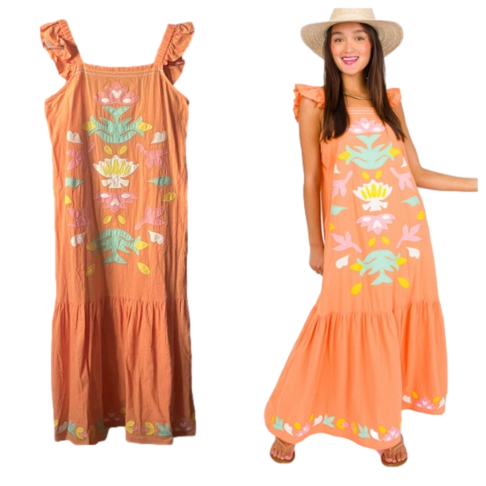 See And Be Seen Coral Reef Orange Embroidered Floral Maxi Dress Size M